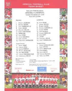 Arsenal v Liverpool official colour printed teamsheet 21/12/2008