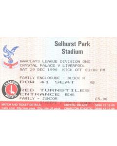 Crystal Palace v Liverpool ticket 29/12/1990