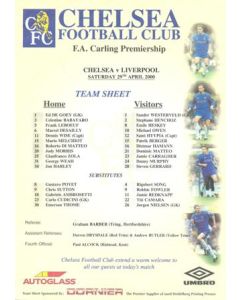 Liverpool v Chelsea official colour teamsheet 29/04/2000 Premier League