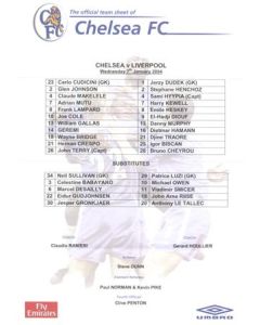 Chelsea v Liverpool official colour teamsheet 07/01/2004 Premier League