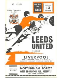 1971 Leeds v Liverpool European Fairs Cup Semi-Final official programme 28/04/1971