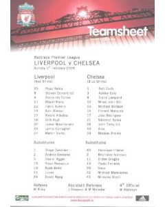 Liverpool v Chelsea official colour printed teamsheet 01/02/2009