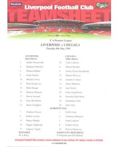 Liverpool v Chelsea official colour teamsheet 08/05/2001 F.A. Premier League