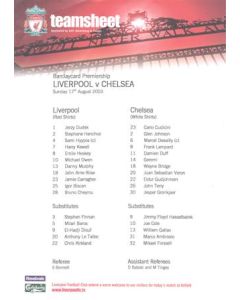 Liverpool v Chelsea official colour teamsheet 17/08/2003 Premier League