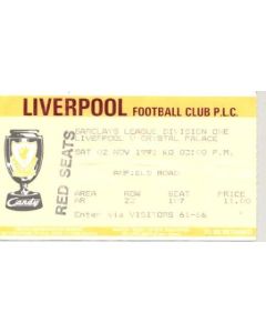 Liverpool v Crystal Palace ticket 02/11/1991