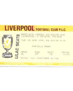 Liverpool v Crystal Palace ticket 23/04/1991