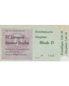 Dynamo Dresden, East Germany v Liverpool ticket 02/11/1977