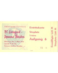 Dynamo Dresden, East Germany v Liverpool ticket 03/03/1976 UEFA Cup